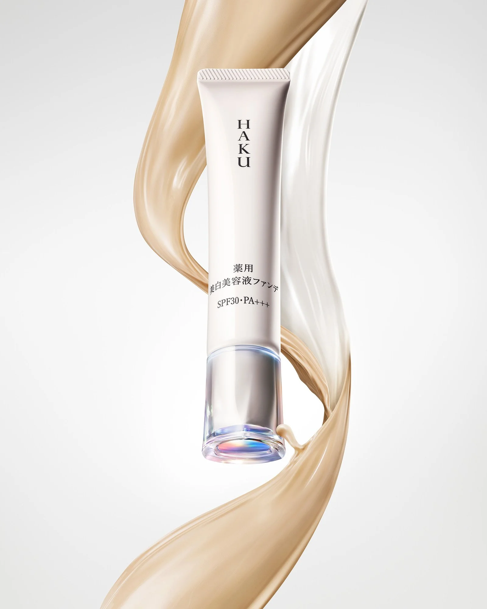 Shiseido HAKU Brightening Serum Foundation with twin streams of liquid texture, product photography by Hiro