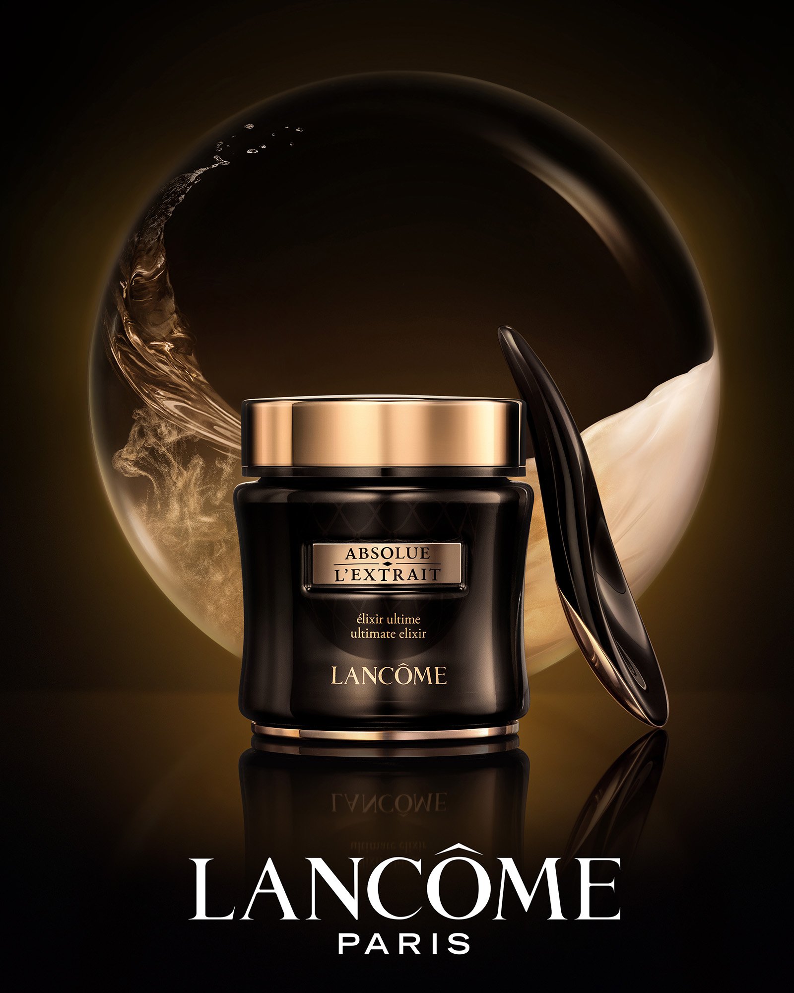 Lancôme Absolue L'Extrait cream jar in front of a sphere of swirling gold and ivory, key visual by Hiro