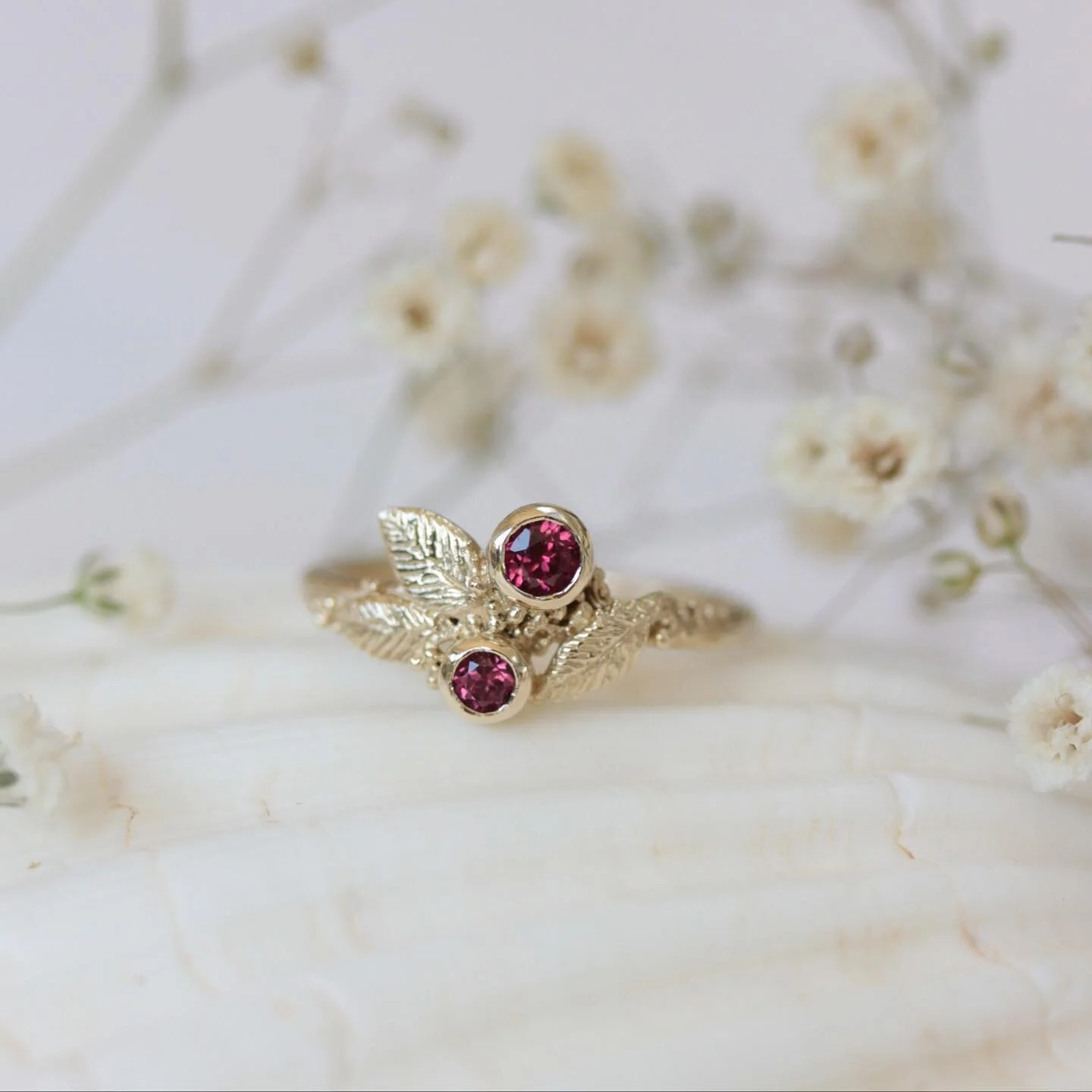 This leafy rhodolite garnet ring went to her new home last week. Love all the little details. I usually make this ring with sapphires, but the garnets and yellow gold compliment each other so well. If you&rsquo;d like a piece with a particular stone 