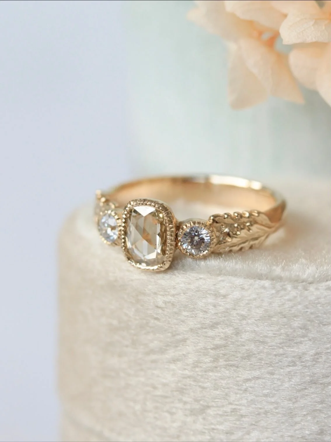 I&rsquo;ve listed a new ring to my website which I absolutely adore (so tempted to keep it!) Inspired by Georgian and Victorian jewels, it features a beautiful champagne coloured rose cut diamond, framed by two brilliant cut stones. The band features