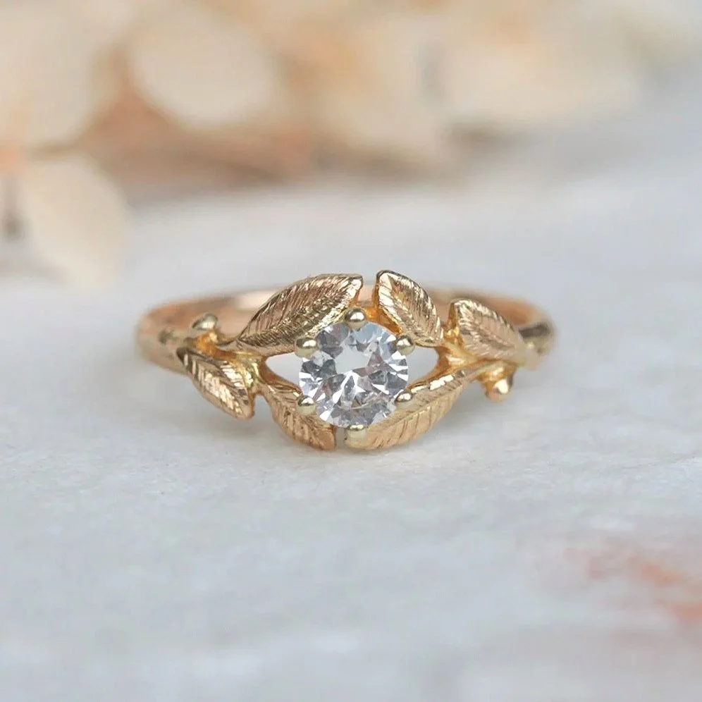 Rowan leaf white sapphire gold engagement ring