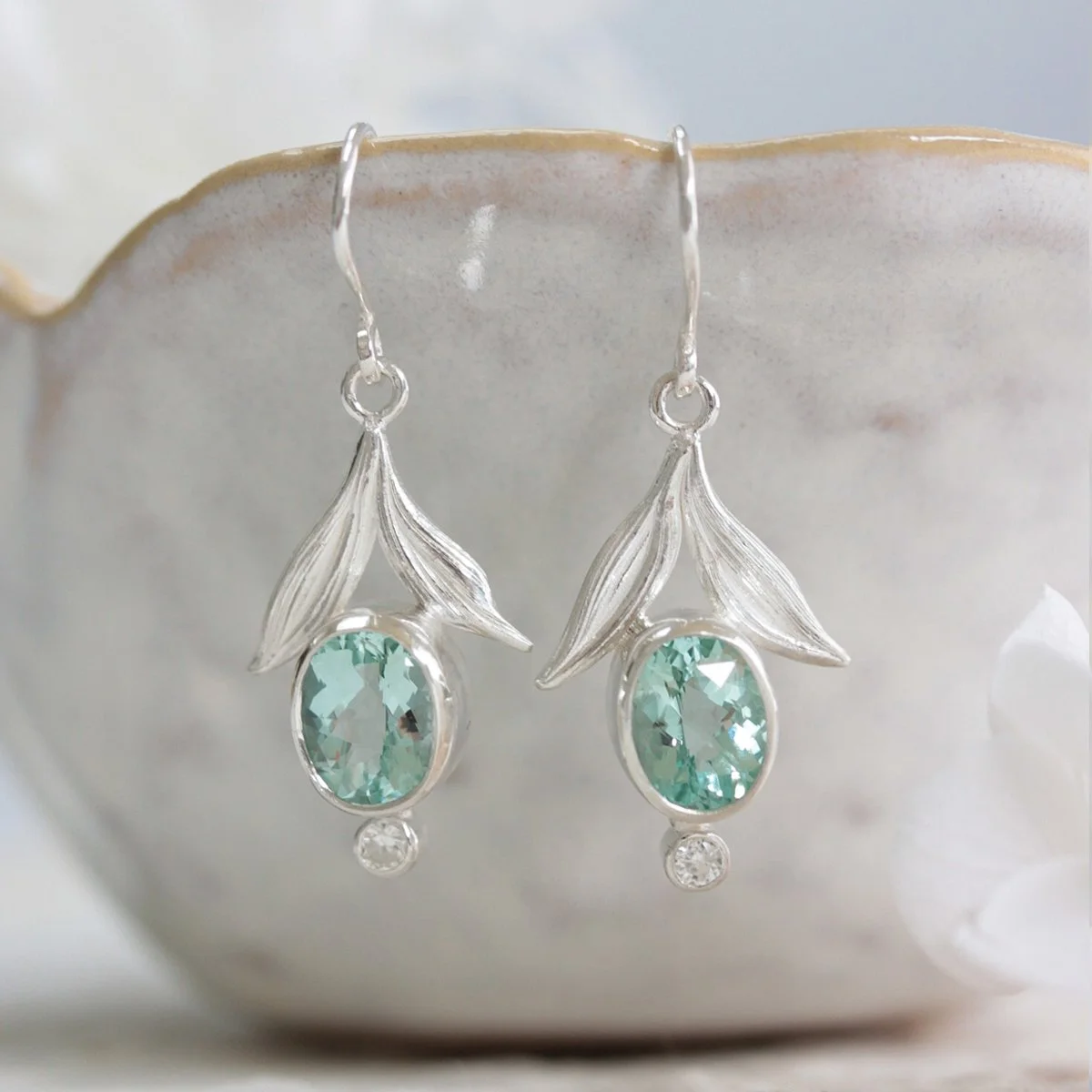 mint green beryl silver leaf earrings