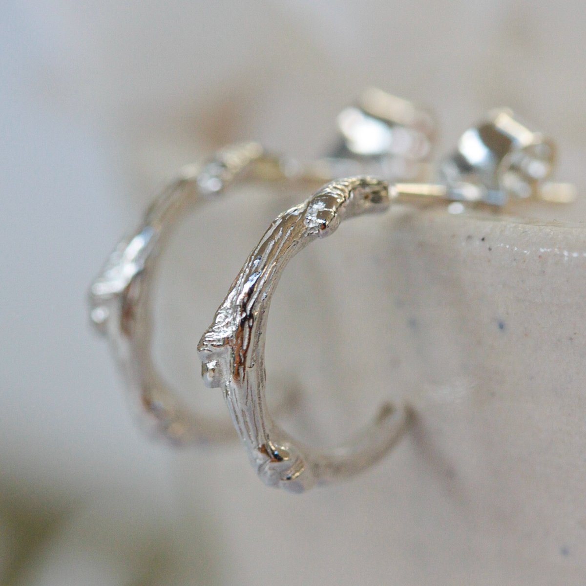 silver oak twig hoop earrings