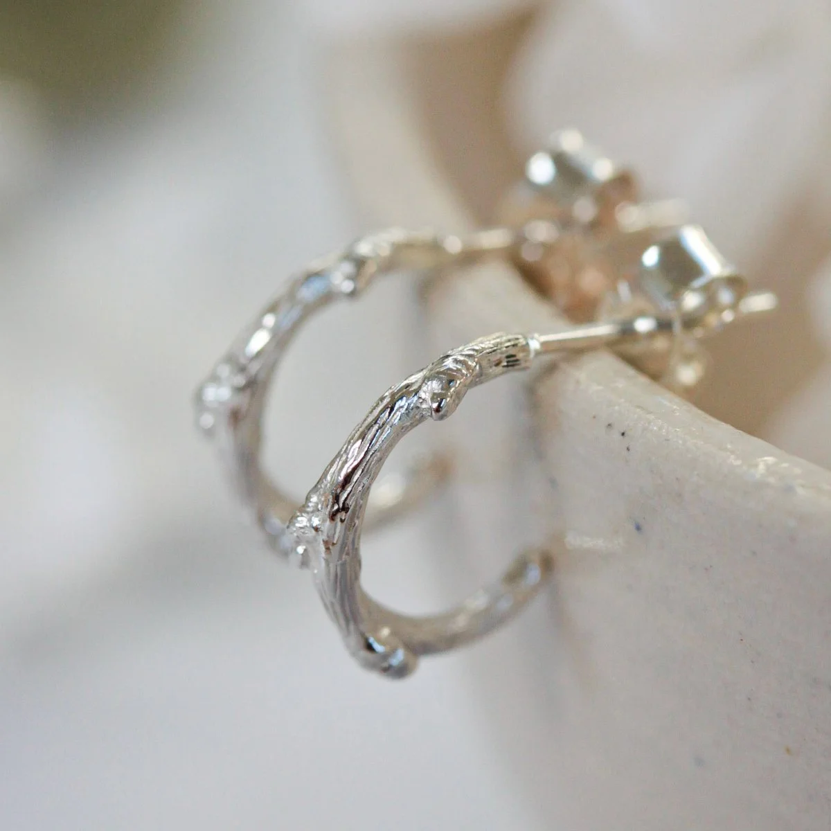 dainty silver twig hoops