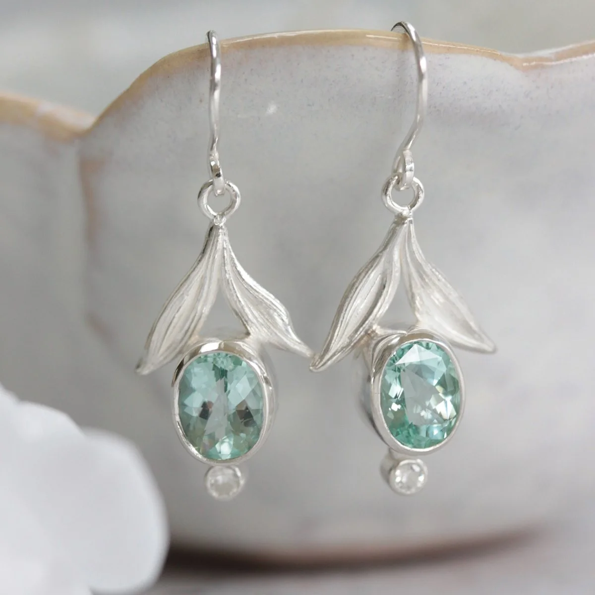 green beryl leaf drop earrings