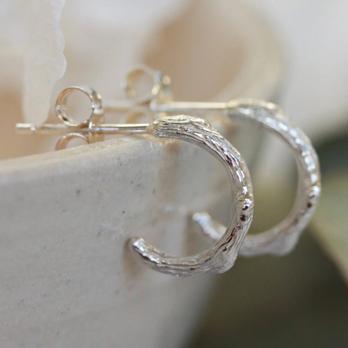 textured silver oak branch hoop earrings