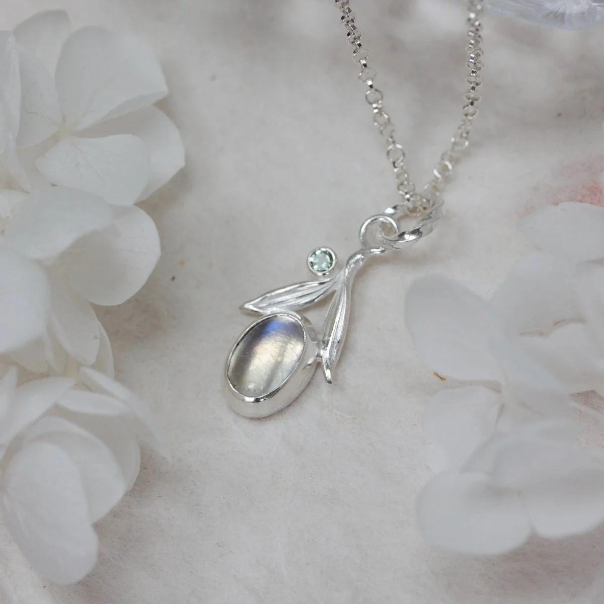 rainbow moonstone silver leaf necklace