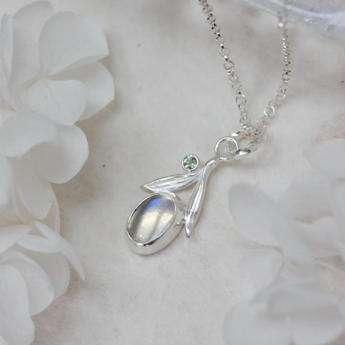 oval moonstone necklace with leaves