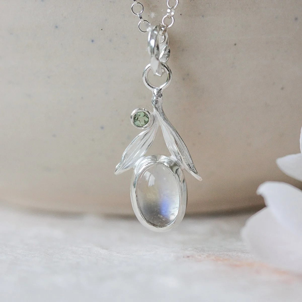 delicate leaves silver moonstone necklace