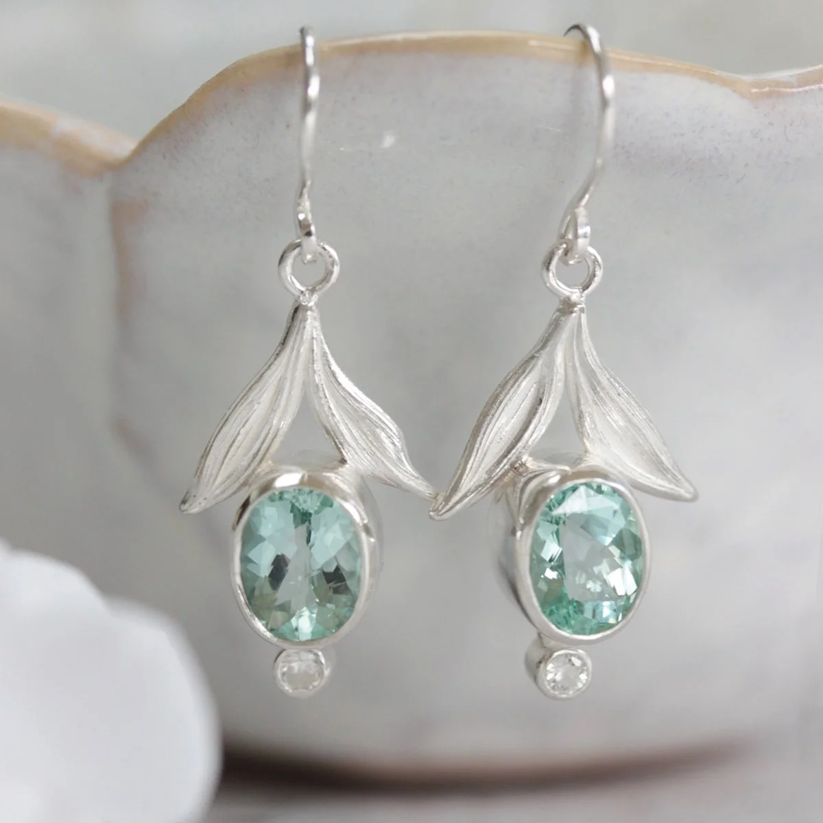 delicate silver leaves beryl drop earring
