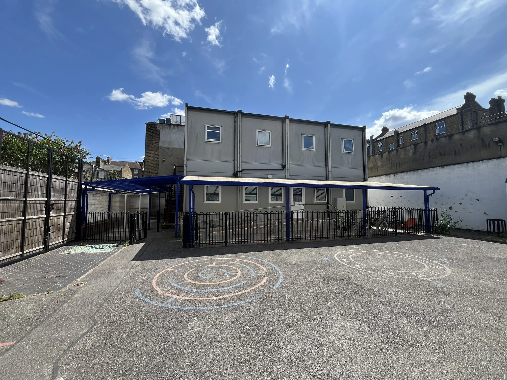 External view of portacabin studios at St John's Walworth studios, Elephant & Castle