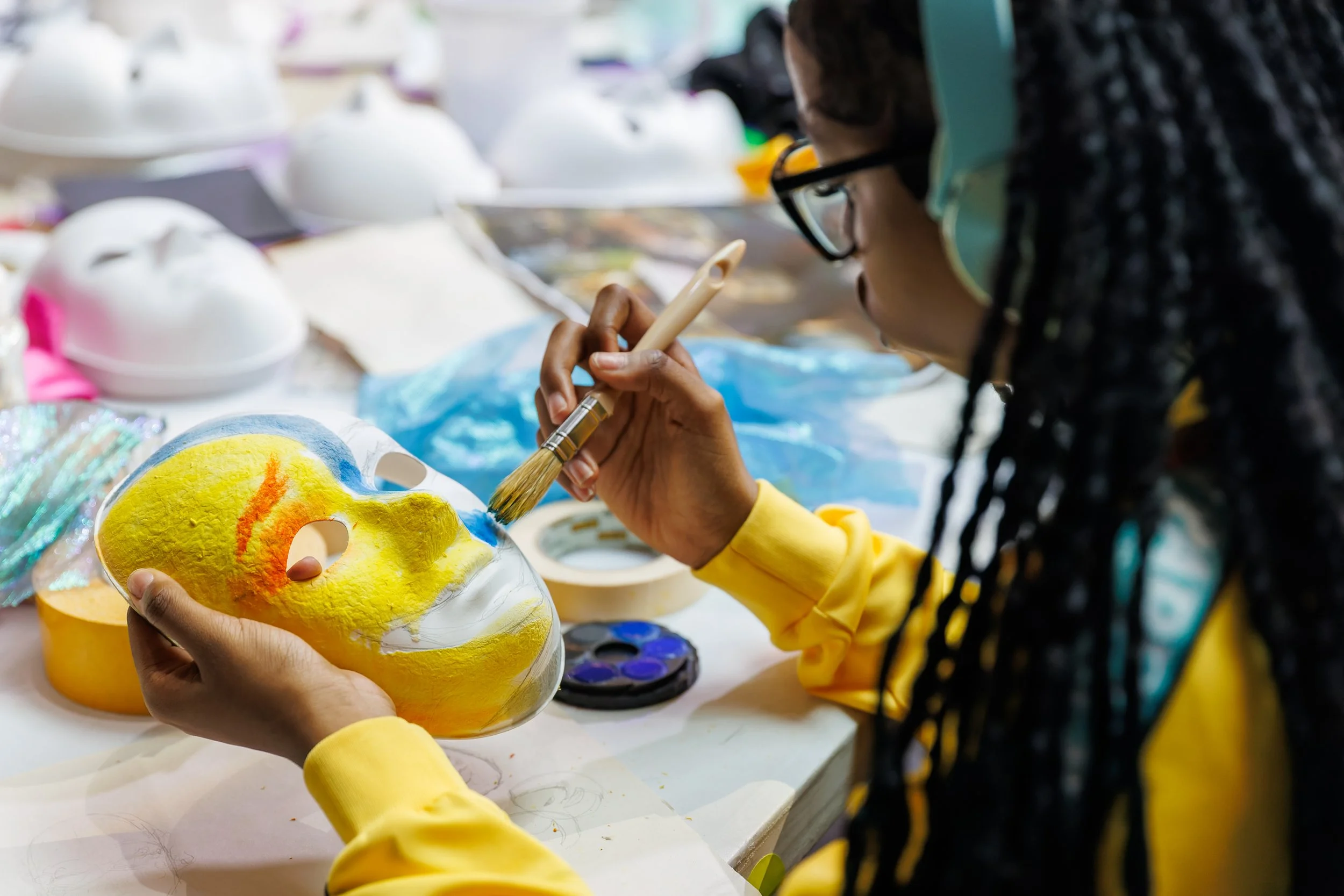 Student participating in mask making workshop at the Royal Ballet & Opera House Masterclass. Hotel Elephant Art & Design Saturday Club 2025_26. © National Saturday Club & ROH.jpg.jpg