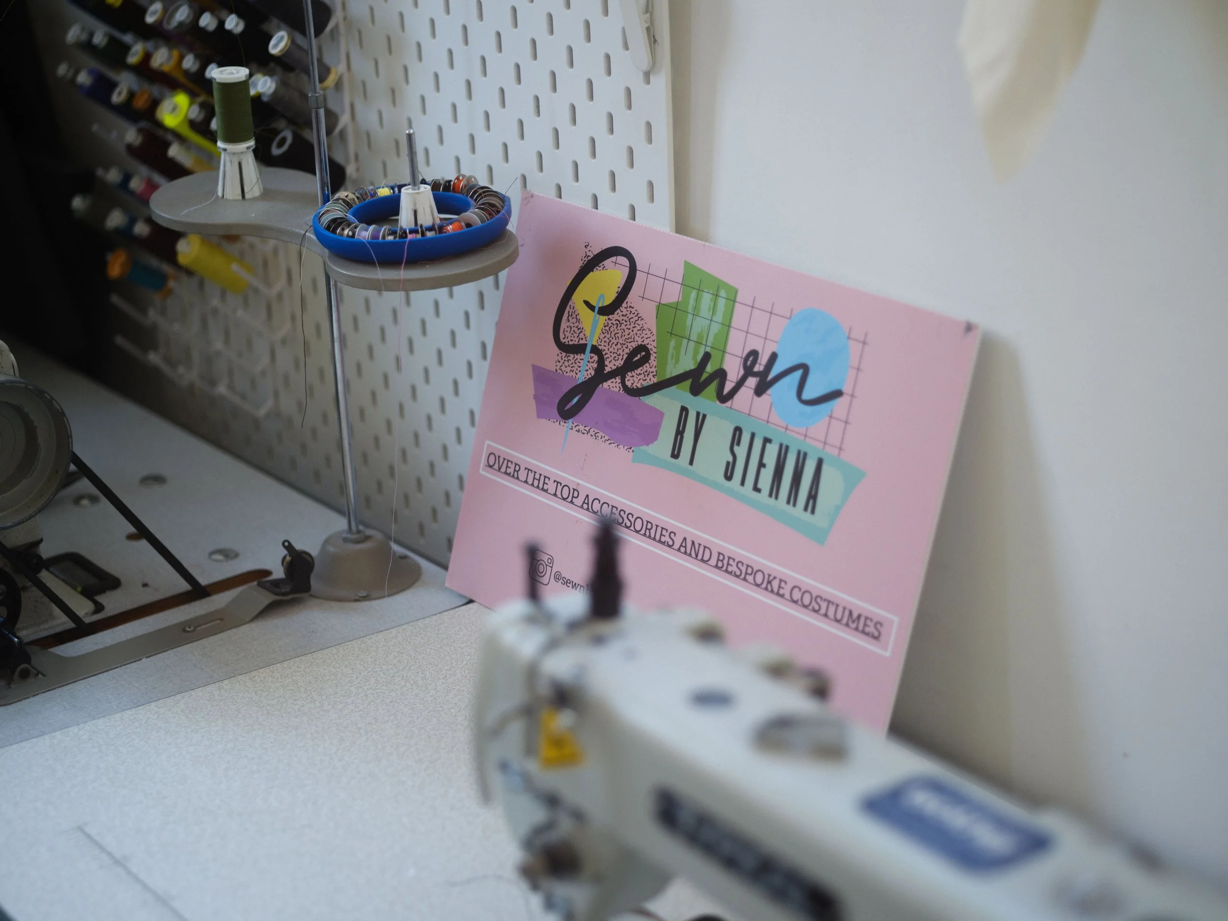 Close up of Sewn By Sienna signage in her South London Studio Space at Hotel Elephant