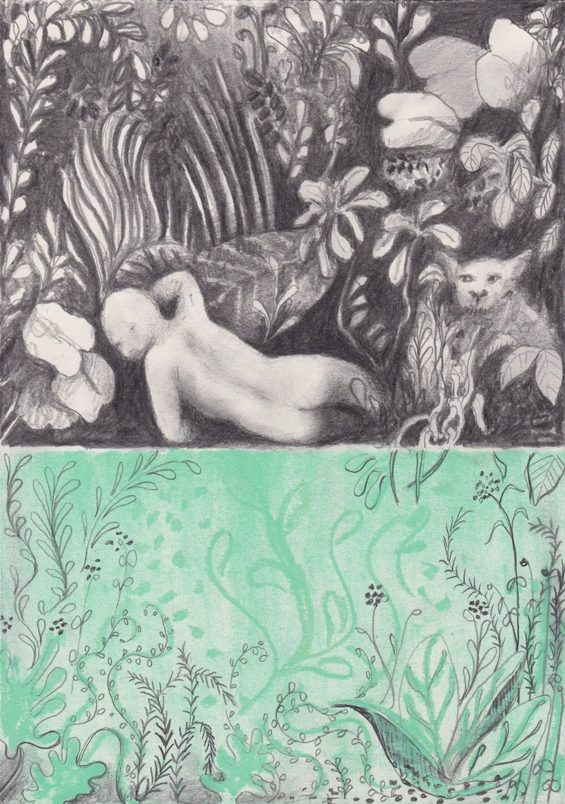 Dreamer ( Hommage to Rousseau ) , 2017, Graphite and oil pastel on paper, 29.7 x 21 cm