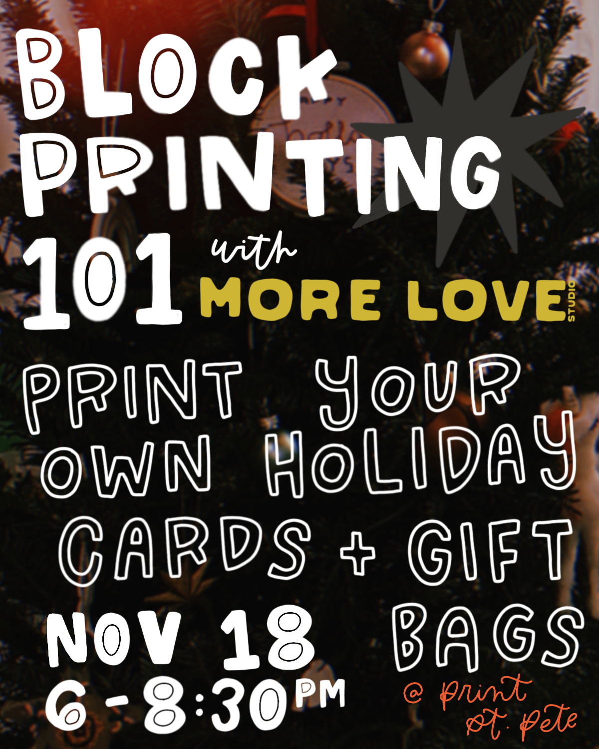 Block Print 101: Holiday Cards & Gift Bags with More Love Studio - Wed. 11/18 6-9pm