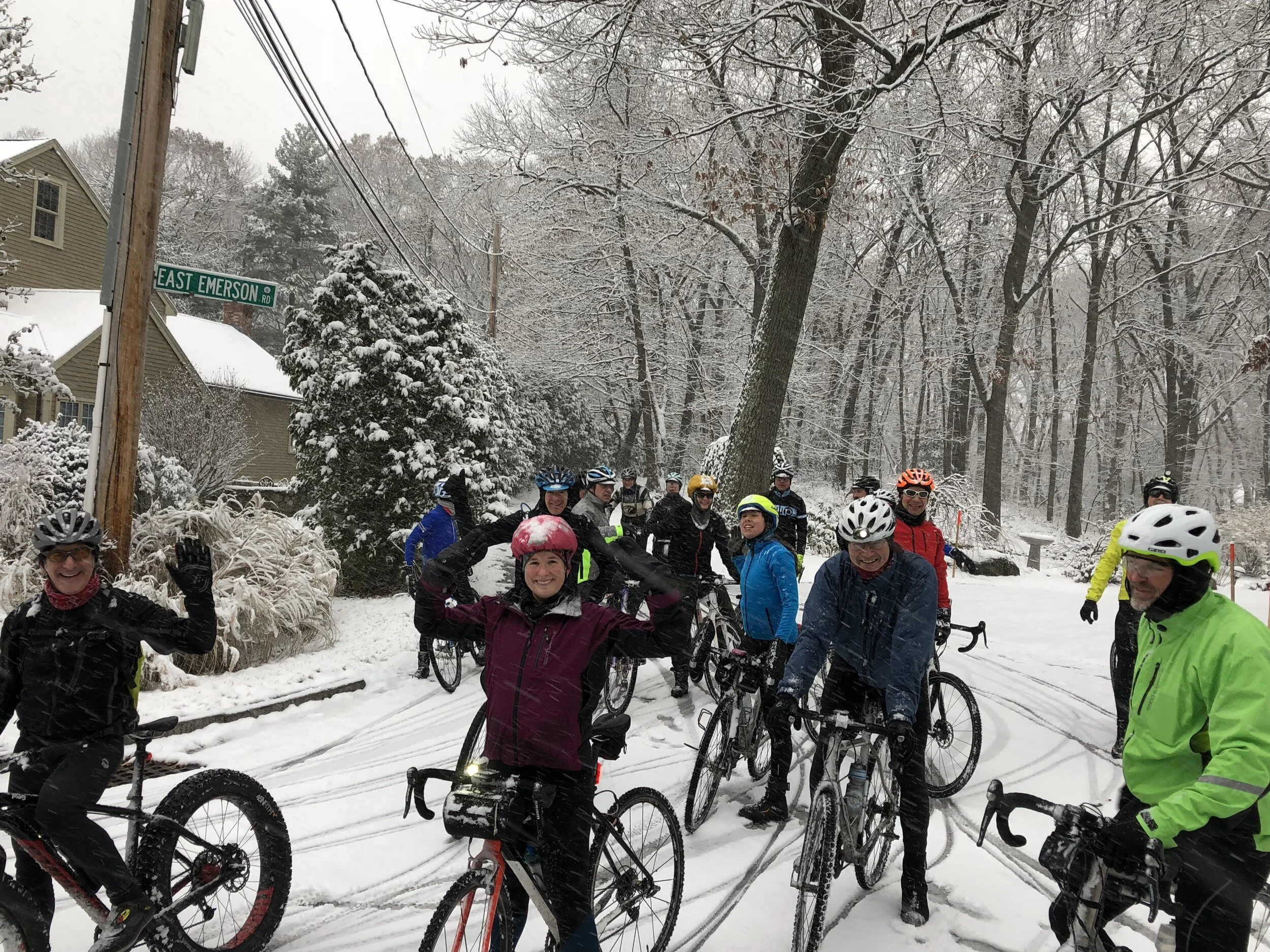 Everyone else was at home during this first snow fall of a previous year. These riders (along with more who were out in other groups) had the time of their lives.