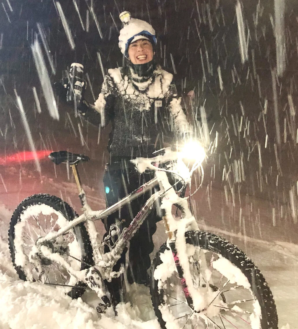 Not exactly the image that pops to mind when you think about a hard-core, tough winter cyclist, but this rider who has a very low threshold for getting cold (she feels the cold on a 60-degree day) is one of the most avid winter riders in New England.