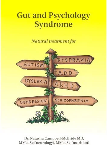 Book cover titled "Gut and Psychology Syndrome" with a yellow background and a signpost in the center pointing to various mental health and developmental conditions like autism, dysprAXIA, ADD, dyslexia, ADHD, depression, and schizophrenia, surrounded by greenery.