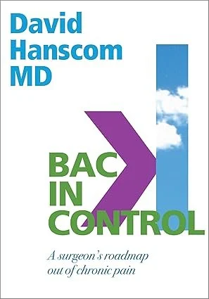 Book cover titled 'Bac In Control' by David Hanscom MD, with a subtitle 'A surgeon's roadmap out of chronic pain', featuring a background with blue sky and clouds.