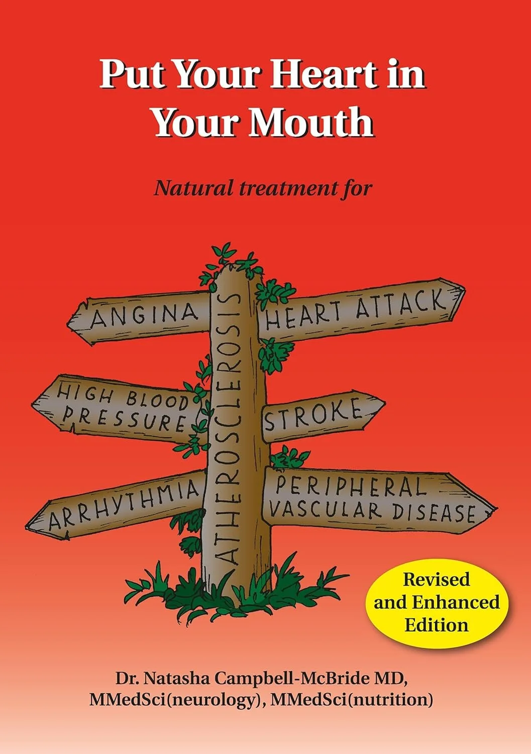 Book cover titled "Put Your Heart in Your Mouth" with a signpost pointing to various heart-related health issues, over a red and orange background.