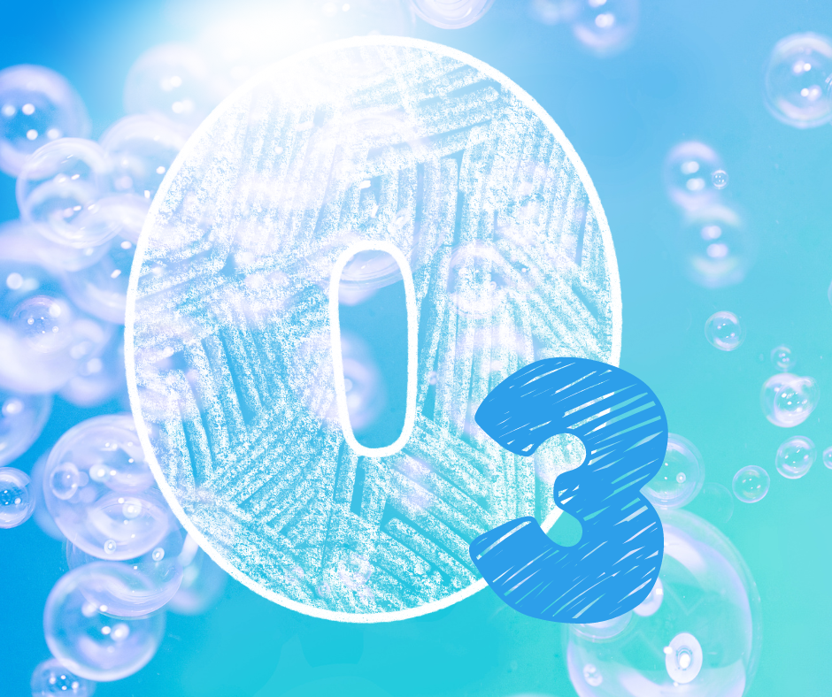 Large O3 with a textured pattern in front of a blue background with bubbles