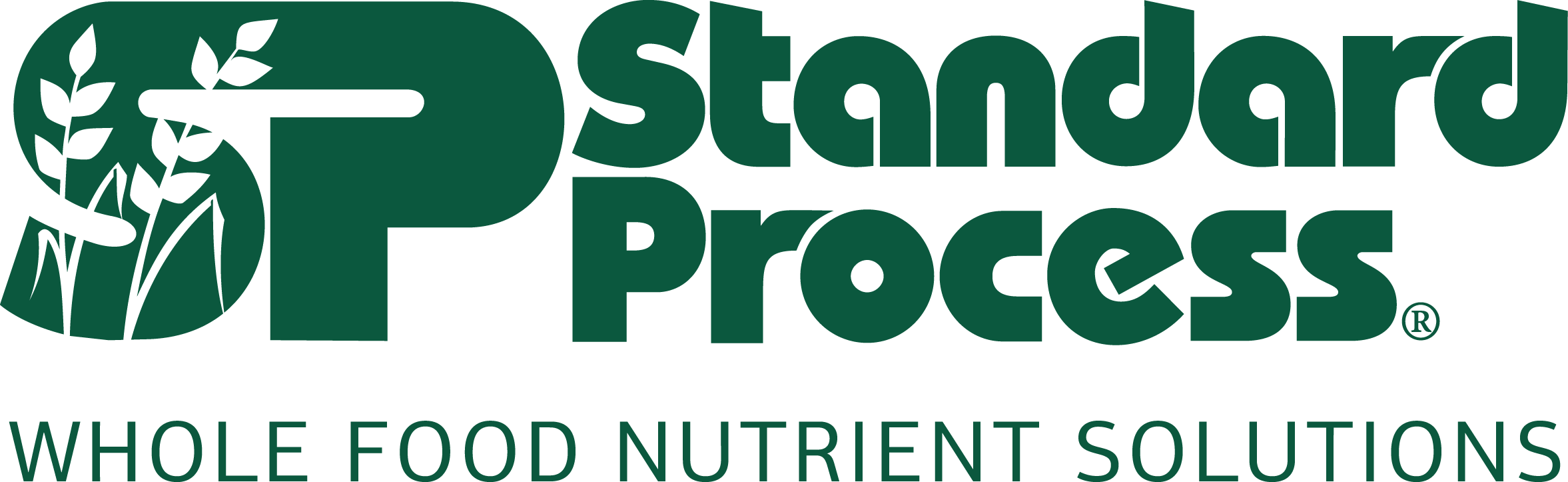 The logo of a company named 'Standard Process' with a stylized green letter P and a black leaf design on it, and the tagline 'Whole Food Nutrient Solutions' beneath.