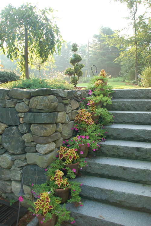 Granite steps and fieldstone wall in Westford