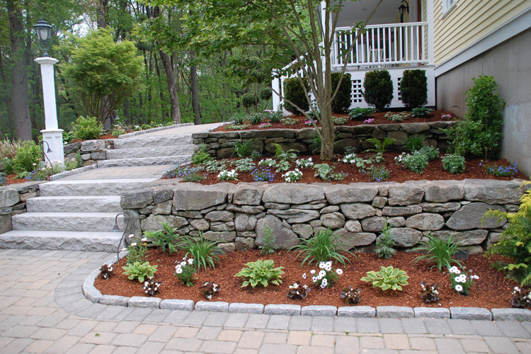 Paver Walkway with Fieldstone Wall and Granite Stairs, Westford