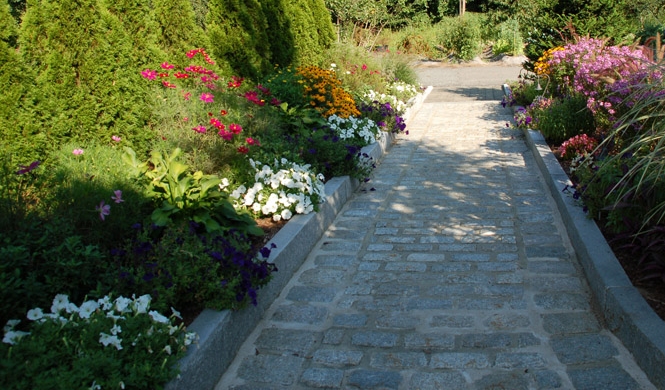 Cobblestone Walkway, Granite Borders, Planter Beds
