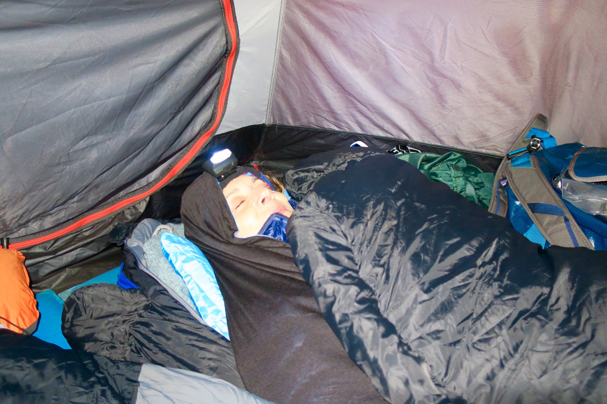 Night two on the mountain, and we're already sleeping in jackets.