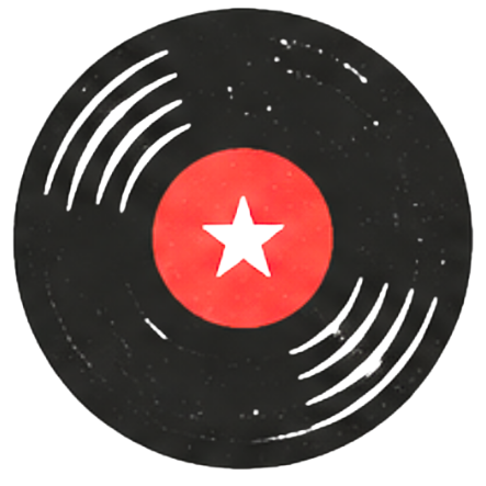 A black vinyl record with a red label and a white star in the center.