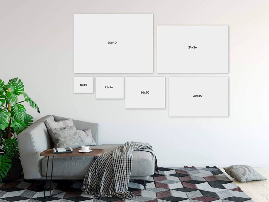 Impact: 40x60, Grande: 30x40, Standard: 20x30, Small: 16x24, Mini: 12x18