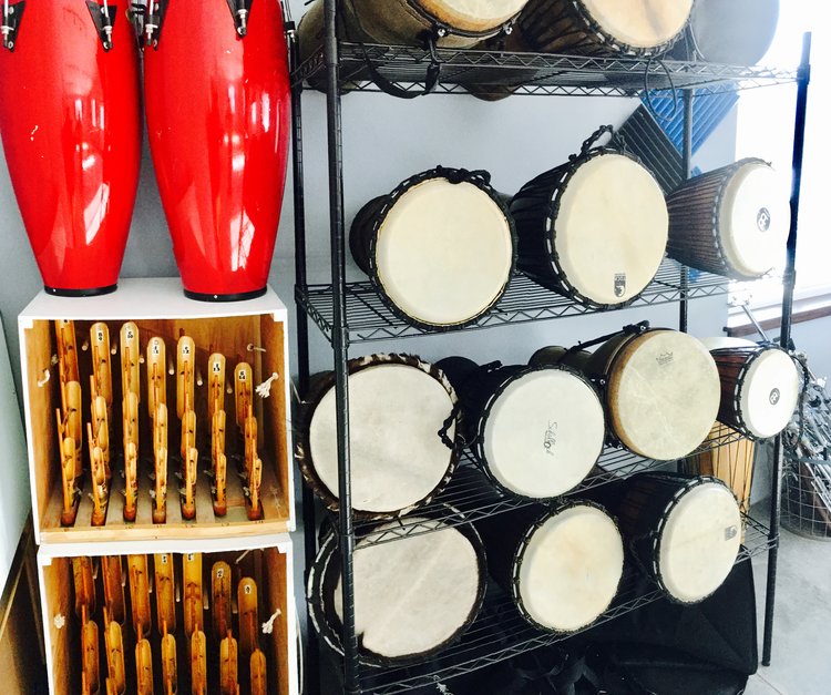  A wide selection of hand drums make a great way to relieve stress and come together as a group. 
