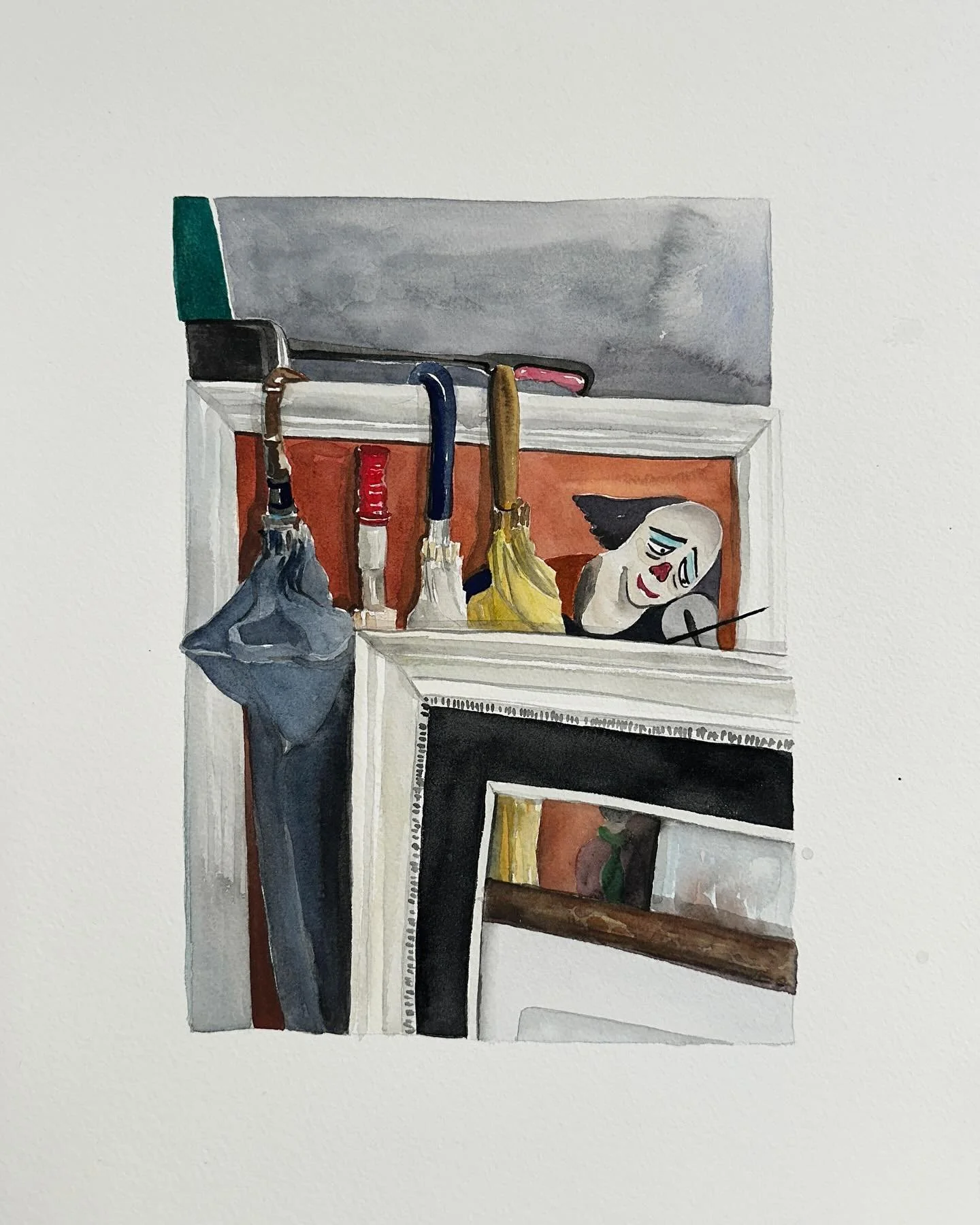 A little real life inspiration from the largest flea market in Barcelona. I just loved how this clown face popped through umbrellas and other picture frames. 🤗 
Musical Clown
Watercolor and gouache on paper
21” x 15”
2024