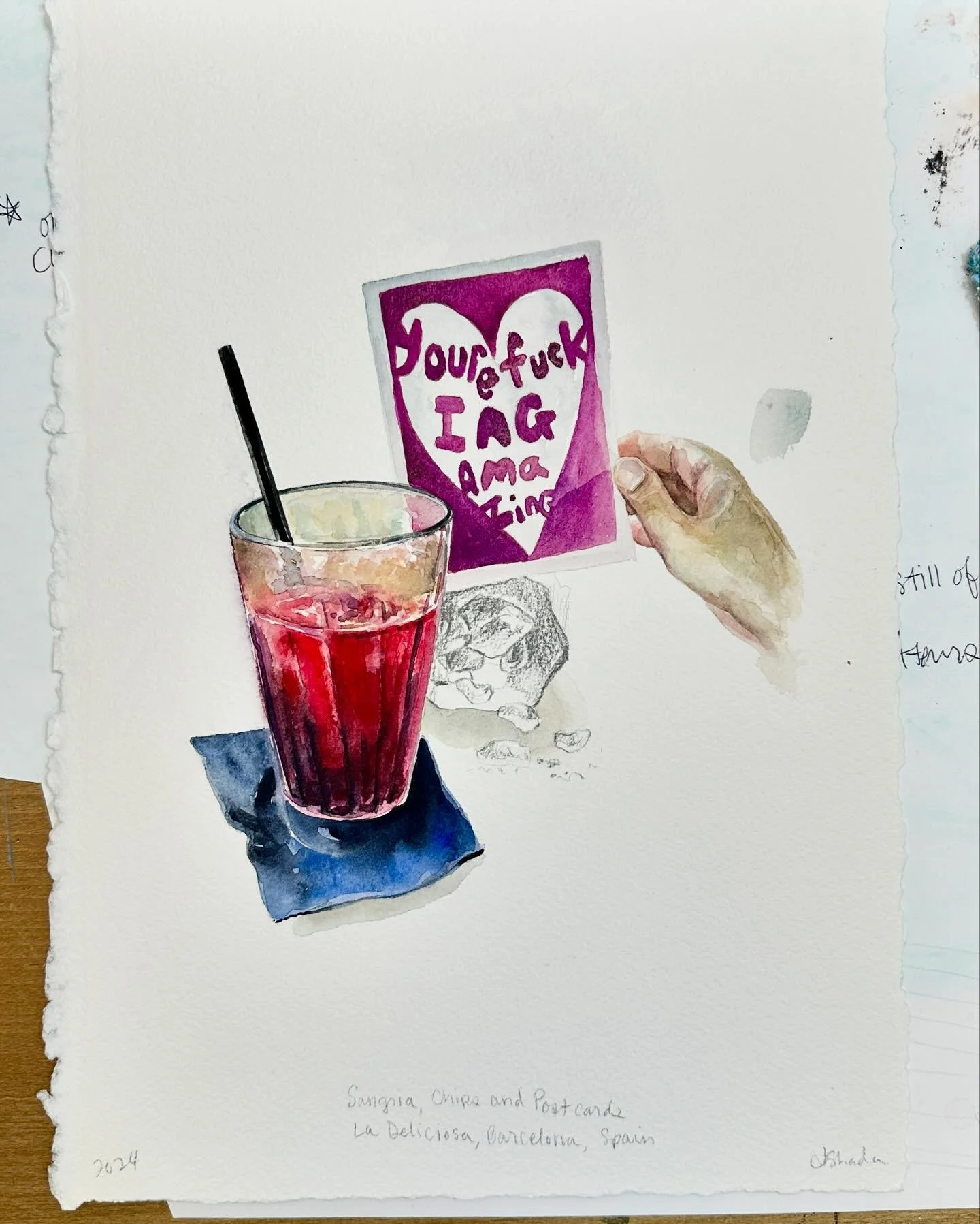 Sangria, Chips and Postcards
La Deliciosa, Barcelona, Spain
Watercolor on paper
14”x10”
2024