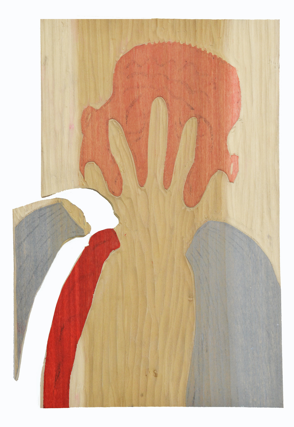 In His Face - Color Block - Poplar wood - April 2016 - ( Notice that the grey piece had to be cut away so it could be inked properly)