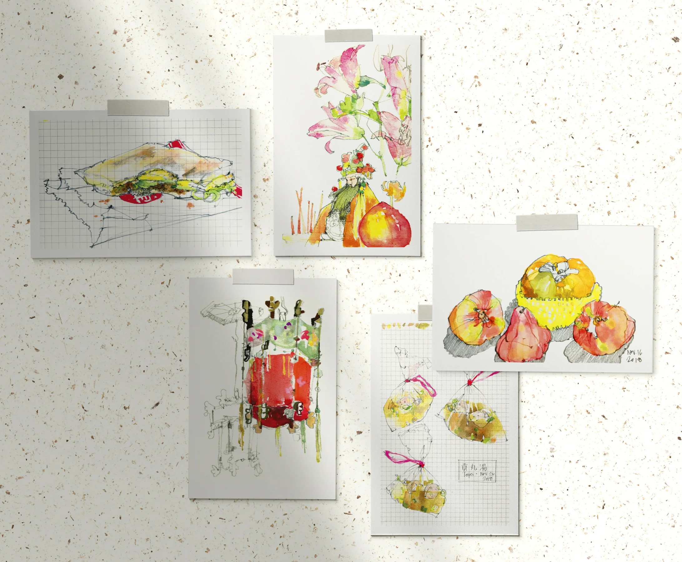 Set of 5 postcards, all images of watercolor + pencil drawings done on site in Taipei, Taiwan.