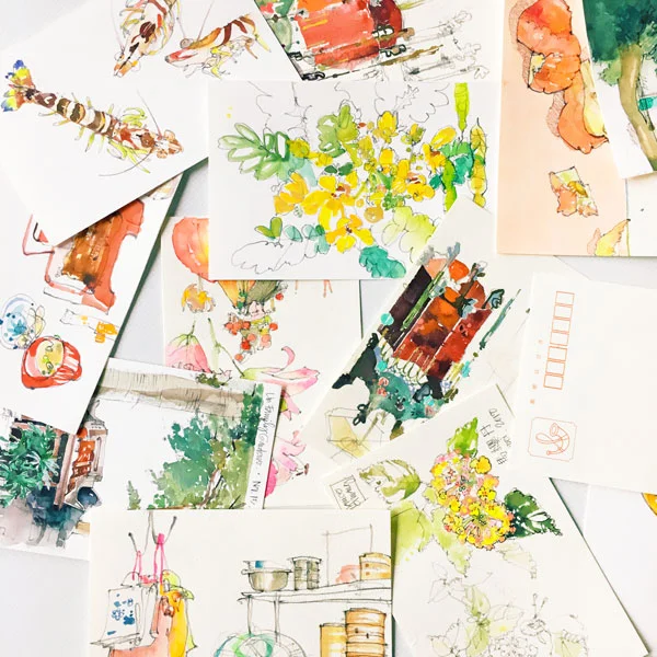 During a 2-month stay in Taipei in 2018, I sent 14 friends + strangers postcards, each an original pencil-and-watercolor snapshot of life in Taiwan.