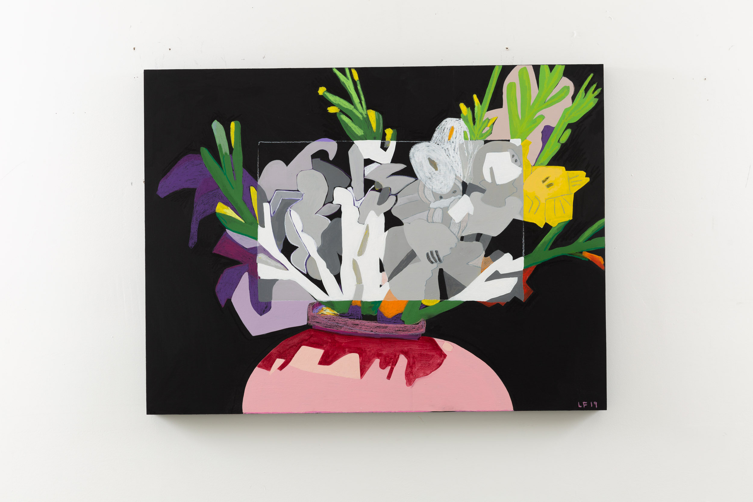 Black and White flowers with pink vase