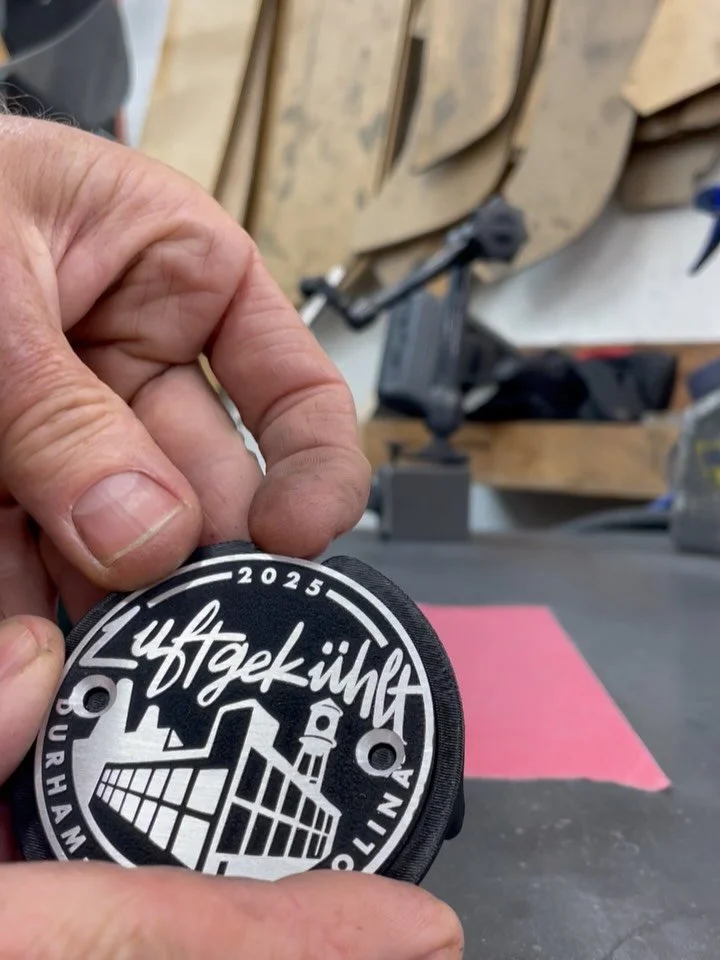 We made 100+ grill badges for the Luft show last weekend. @pierre_kooglewerks did most the work. Laser cut and engraved, then wrinkle black coated, baked and hand finished, with countersunk hardware and a backing bracket.