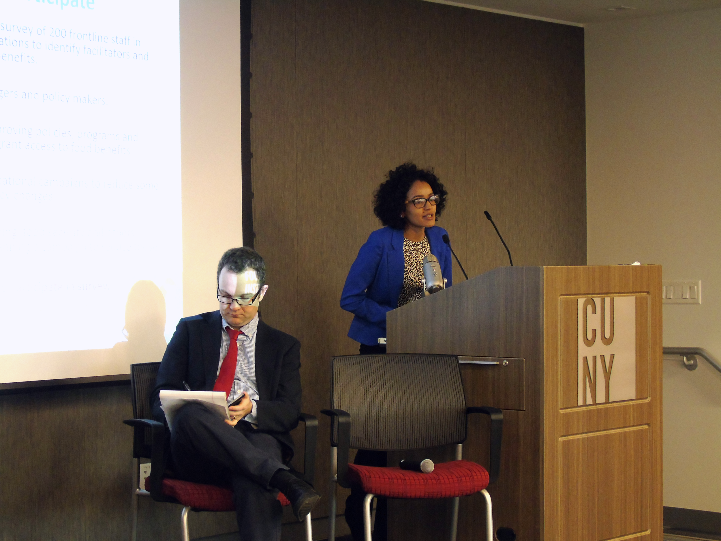 CUNY Urban Food Policy Institute Researcher Anabel Perez-Jimenez addresses the audience at the forum on November 17, 2016. 