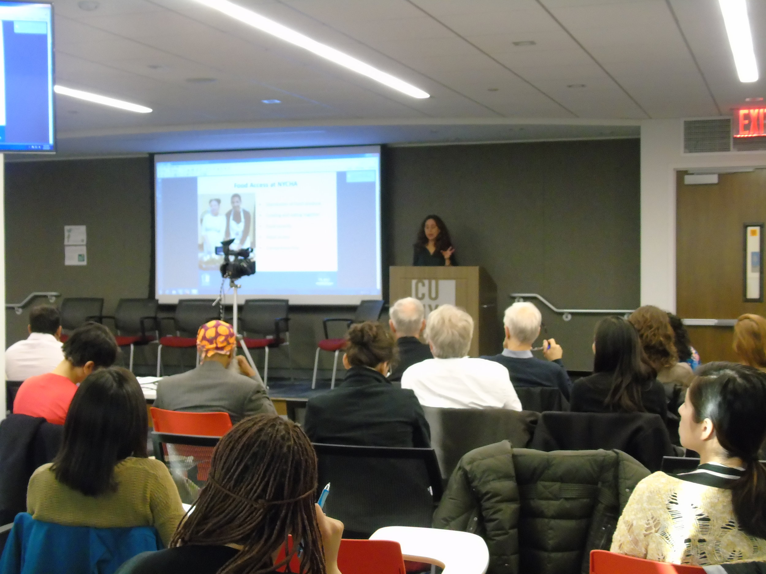 Andrea Mata discusses Farms at NYCHA at the CUNY Urban Food Policy Forum on NYCHA food policy innovations on February 23, 2017.