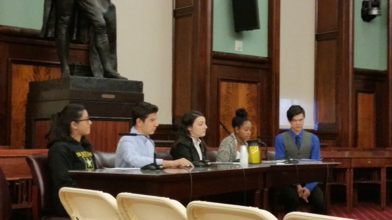 Youth advocates presenting testimony at a City Council budget hearing on March 21, 2017.
