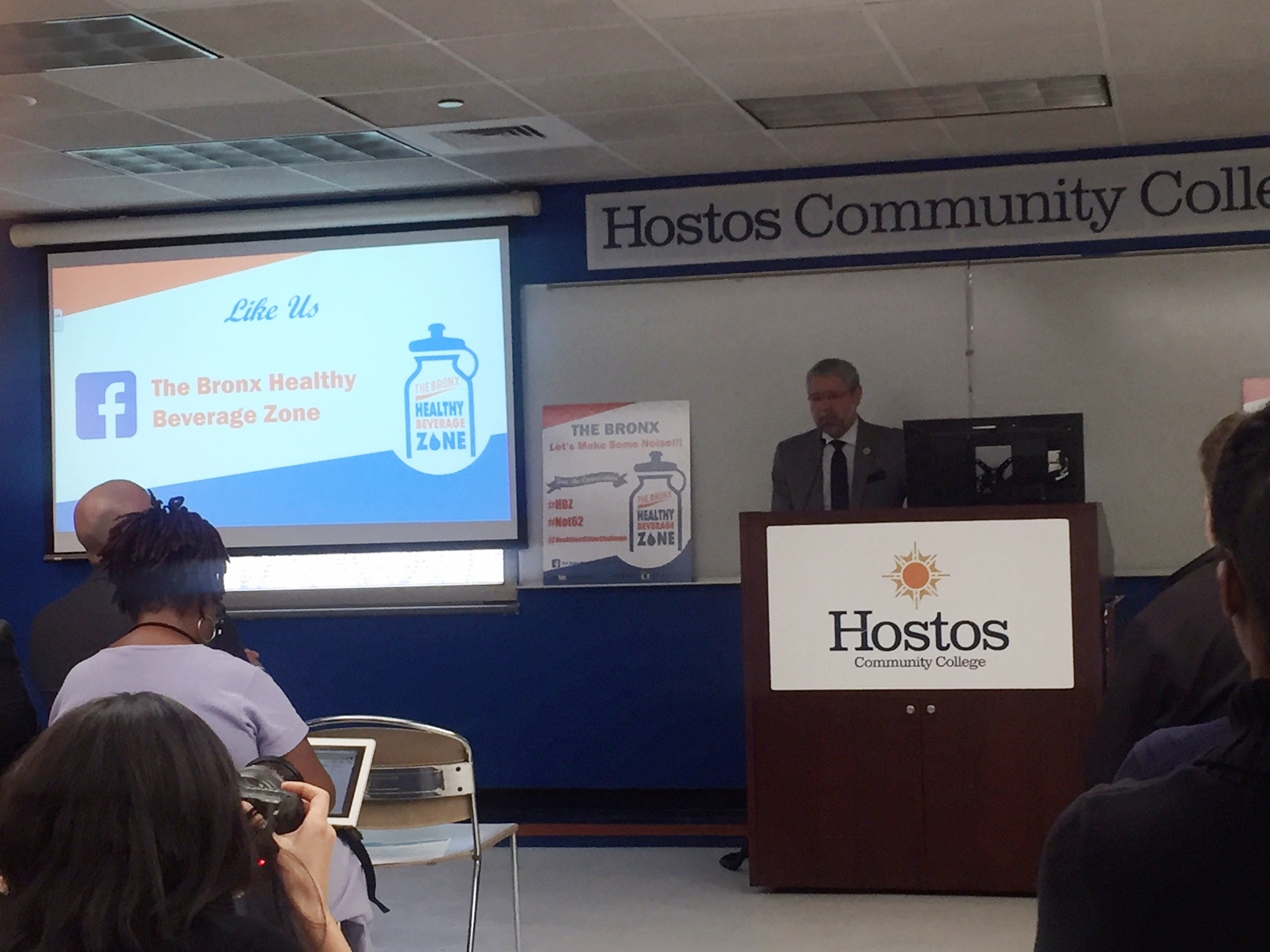 Hostos Community College President David Gómez expresses his support for the Healthy Beverage Zone Campaign. With the installation of a new water refill station, the college was able to save 11,000 bottles from landfill.