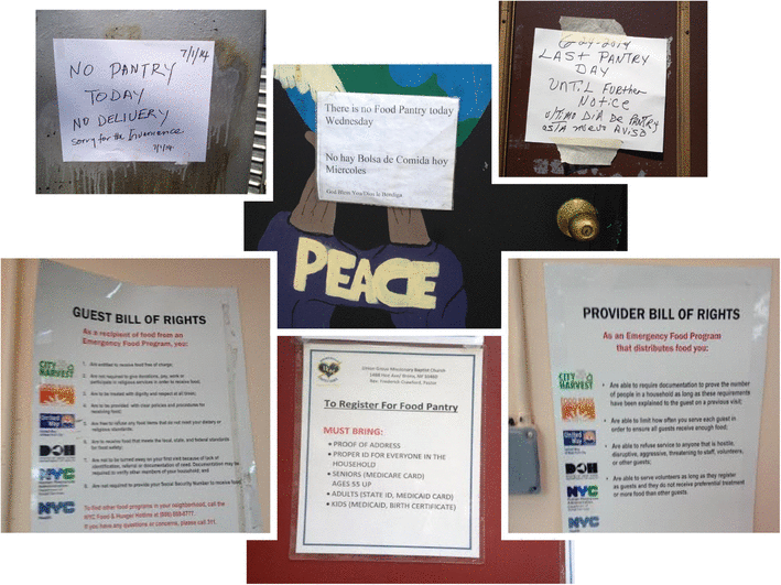 Montage of images from Bronx food pantries, 2014. Top row: signs announcing pantry closures. Bottom row: guest bill of rights, eligibility/access criteria, and provider bill of rights. Source: Ginsburg et al. (2018) .