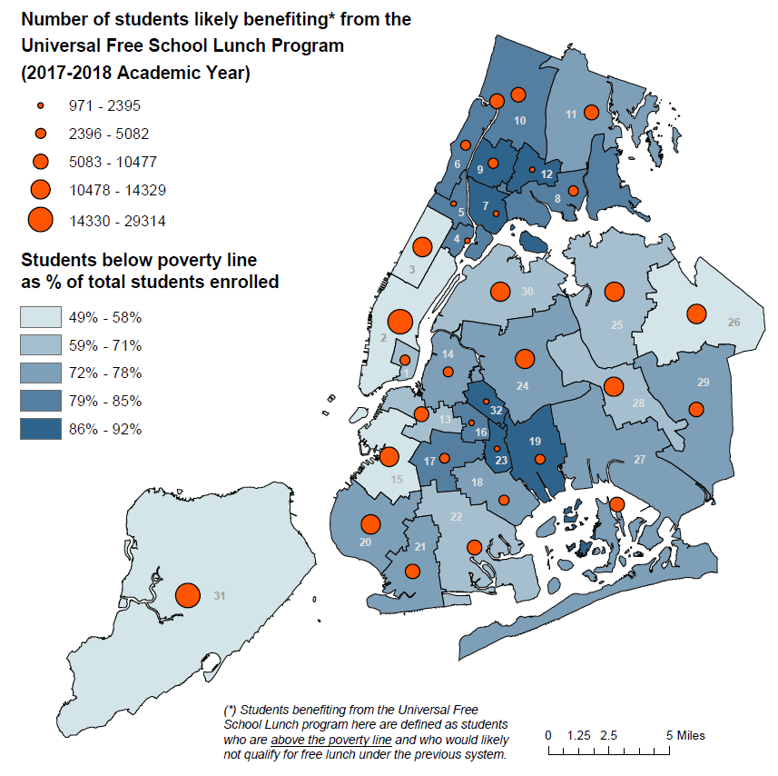 Figure 5. Number of students above the poverty line likely benefiting from Universal Free School Lunch by School District, 2017-2018 Academic Year. School District numbers are noted inside each School District boundary. Source : NYC Department of Education Demographic Snapshot, accessed at https://infohub.nyced.org/reports-and-policies/citywide-information-and-data/information-and-data-overview