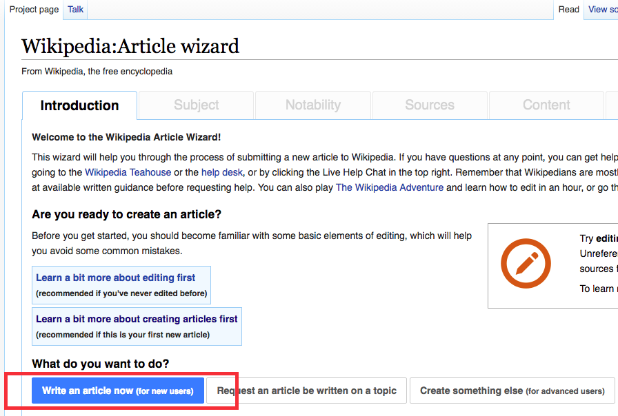 Wikipedia article wizard screen grab