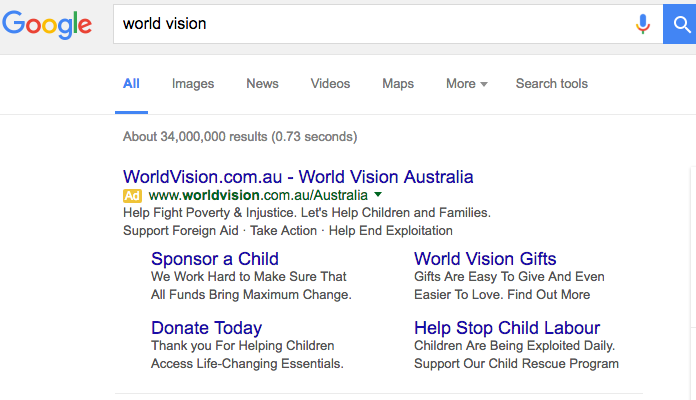 World Vision Google screenshot