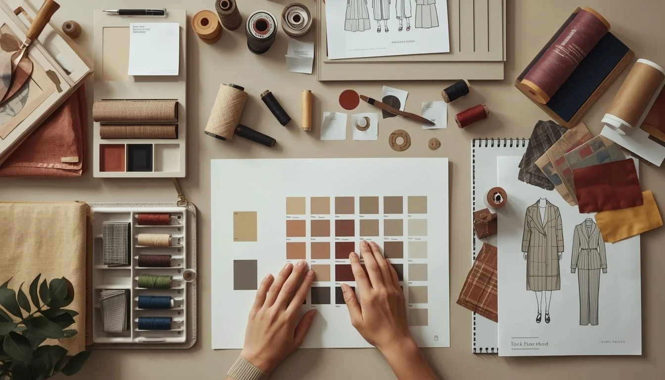 Hands selecting fabric swatches on a color chart, surrounded by sewing tools, thread, and fashion design sketches on a desk.