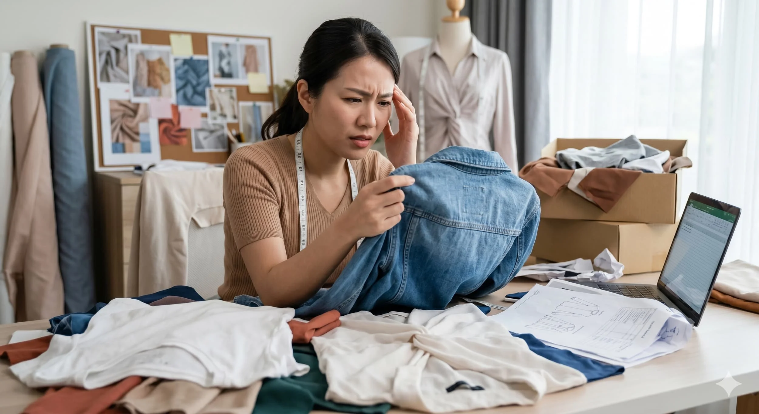 A woman looks worried while inspecting a denim jacket at a cluttered workspace with clothes, papers, and a laptop.